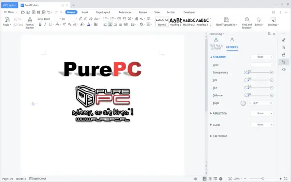 WPS Writer z opcjami formatowania tekstu, w tym efektami cienia. Dostępne jest **free office** do edycji dokumentów.