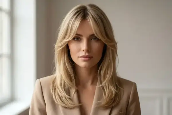 Kobieta w beżowej marynarce z blond włosami i subtelnymi, **wispy bangs** (przedziałek na środku, włosy opadające na boki).