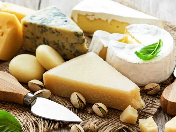 Un assortiment de fromages, dont du bleu et du brie, avec des pistaches. Le fromage est-il une protéine ? Oui, c'est une excellente source.