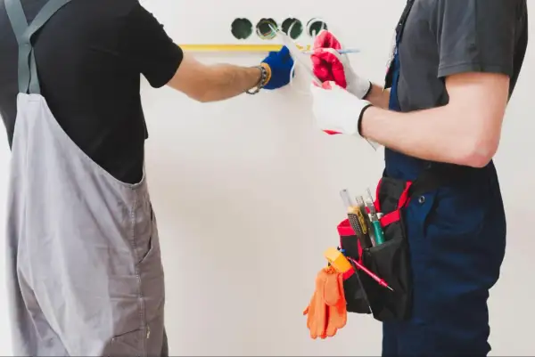 Dos electricistas trabajan en la instalación eléctrica de una vivienda, midiendo y anotando detalles.