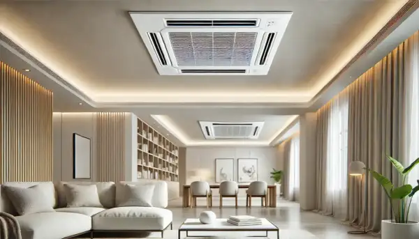 Un salon moderne avec un système de clim gainable plafond discret, un canapé blanc confortable et une bibliothèque murale.