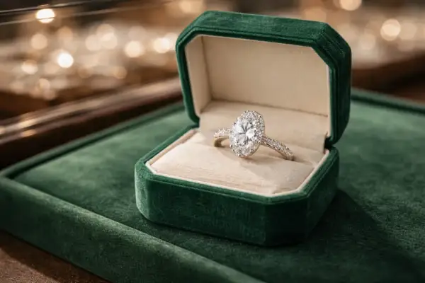 Anillo de compromiso ovalado con diamantes, uno de los tipos de anillos de pedida más elegantes, en su caja de terciopelo verde.