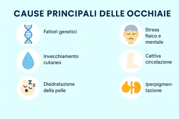 Cause delle occhiaie scure: genetica, invecchiamento, stress, cattiva circolazione, disidratazione e iperpigmentazione.
