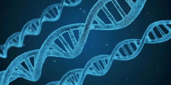 Błękitne helisy DNA, symbol życia i innowacji, jakby stworzone przez synektik sa, unoszą się w przestrzeni.