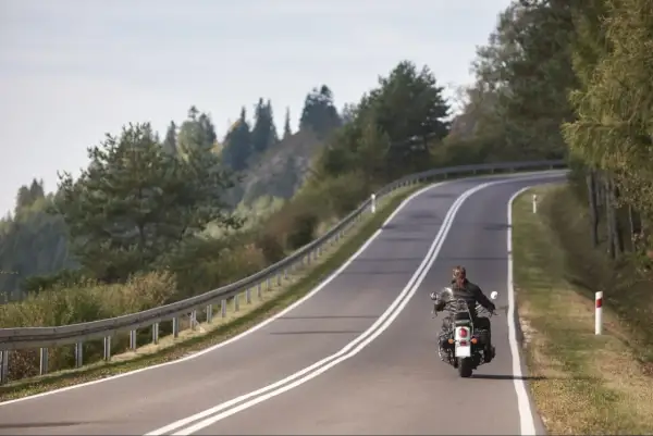 Motocyklista na zakręcie górskiej drogi, otoczony drzewami.