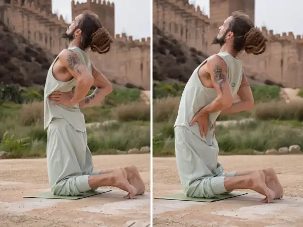 Hombre en postura del camello yoga, mostrando los beneficios de apertura del pecho y flexibilidad de la columna.