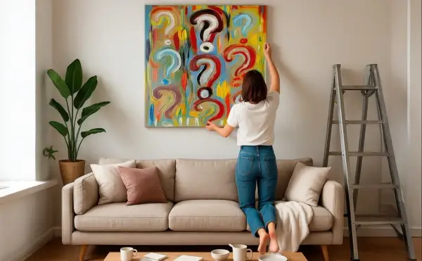 A woman hangs a colorful, question-mark-filled painting, pondering how to choose art for her home.