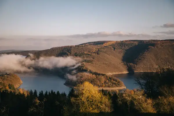 Vue panoramique d'un lac sinueux entouré de collines boisées aux couleurs d'automne, avec des nuages bas flottant sur l'eau. Un paysage typique du parc national de l'Eifel.