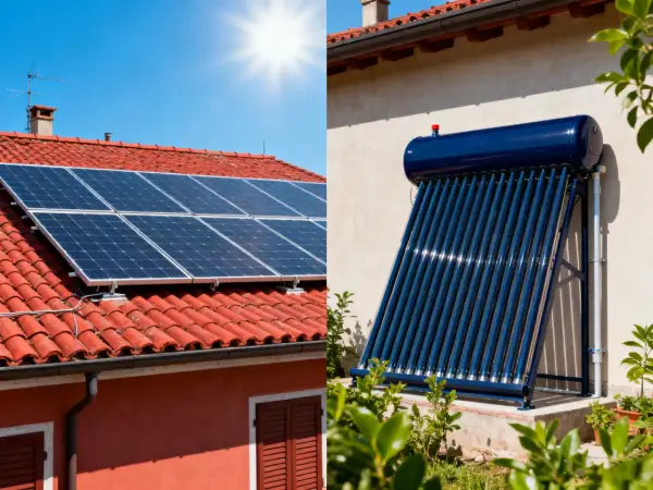 Pannelli solari sul tetto e collettori solari termici a tubi sottovuoto mostrano come funziona l'energia solare per produrre elettricità e acqua calda.