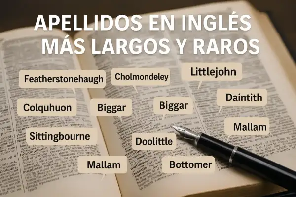 Apellidos ingleses raros y largos como Featherstonehaugh, Cholmondeley y Doolittle, mostrados en un diccionario.