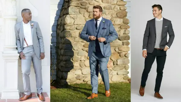 Drei Männer in Anzügen. Links ein Mann in einem hellgrauen Anzug mit braunen Schuhen. Mitte ein Mann in einem blauen Anzug mit braunen Schuhen. Rechts ein Mann in einem grauen Sakko, schwarzer Hose und braunen Schuhen.