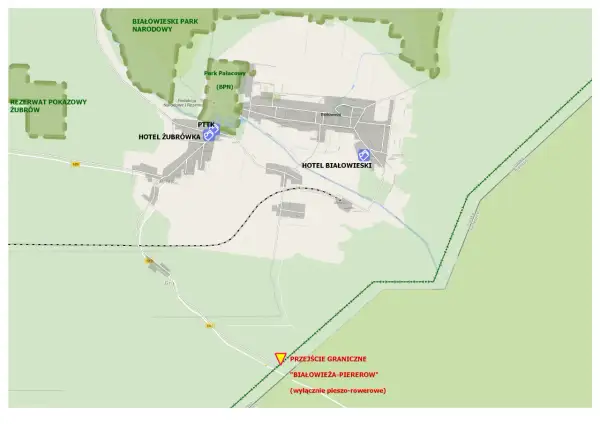 Mapa Białowieży z zaznaczonymi atrakcjami: Rezerwat Żubrów, Park Pałacowy, PTTK, Hotele Żubrówka i Białowieski, przejście graniczne. Twój białowieża plan zwiedzania.