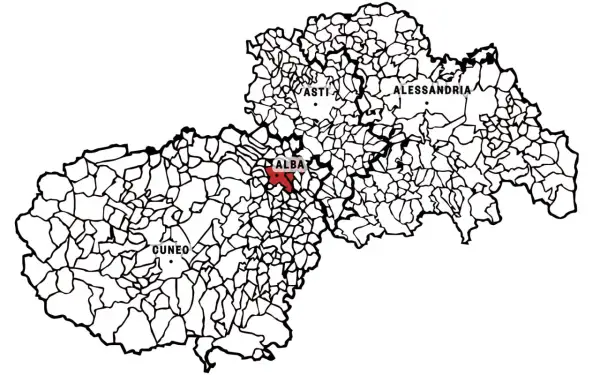 Mappa del Piemonte con Alba evidenziata in rosso. Qui si trovano le origini del pregiato vino Barbaresco, noto per le sue caratteristiche uniche.