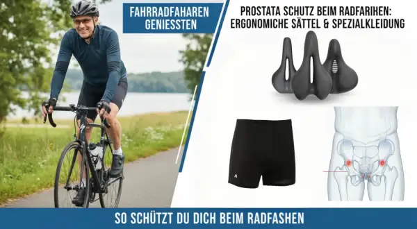 Rowerzysta cieszy się jazdą, a grafika pokazuje, jak dbać o prostatę podczas jazdy na rowerze: ergonomiczne siodełka i specjalna odzież.