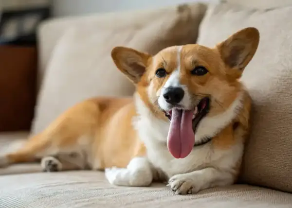 Uroczy corgi leży na kanapie, dysząc z wypuszczonym językiem. Płytki i szybki oddech u psa może oznaczać, że jest mu gorąco lub podekscytowany.