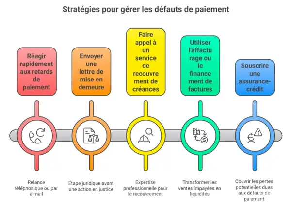 Stratégies pour gérer les défauts de paiement : relance, mise en demeure, recouvrement, affacturage, assurance-crédit. Aide en cas de paiement en plusieurs fois non respecté.