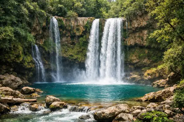 Magnifique cascade saut de la virole, ses eaux turquoise tombent sur des rochers moussus, entourée d'une végétation luxuriante.