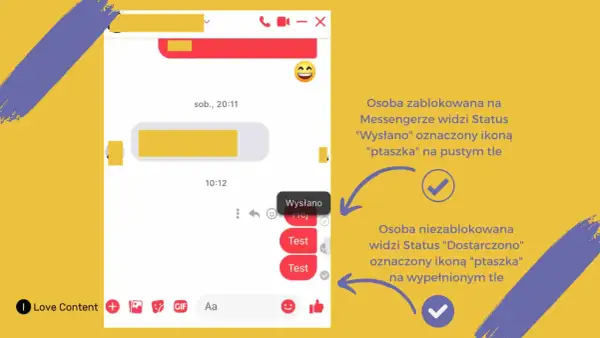 Jak sprawdzić czy ktoś cię zablokował na Messengerze? Zablokowana osoba widzi status "Wysłano" z pustym ptaszkiem, niezablokowana "Dostarczono" z pełnym.