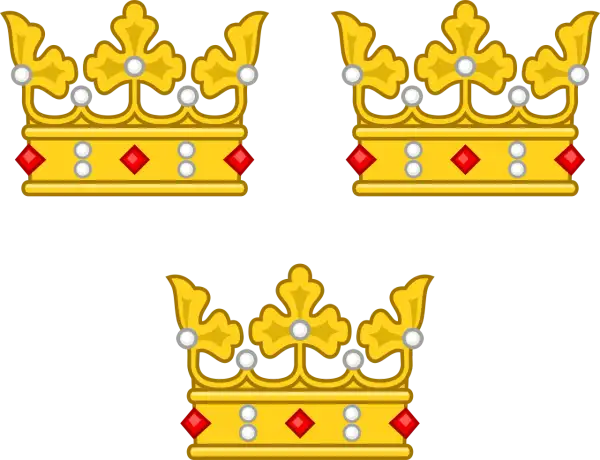 Tre gyllene kronor med röda stenar och vita pärlor, symbol för Sverige.