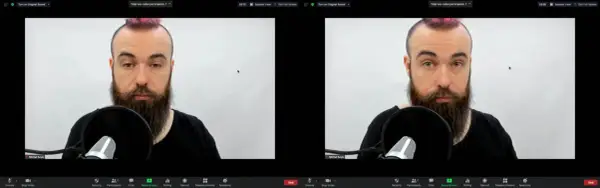 Test kamery: mężczyzna z brodą i różowym irokezem przed mikrofonem, w dwóch oknach.