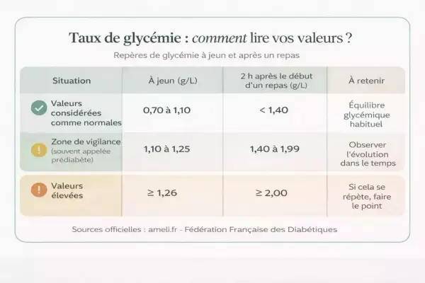 Tableau expliquant les valeurs de glycémie normales, de vigilance et élevées pour une femme, à jeun et après repas.