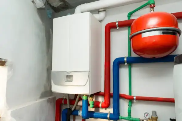 Instalacja pieca gazowego z czerwonym naczyniem przeponowym i kolorowymi rurami.