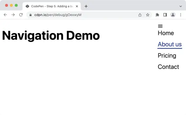 Strona demonstracyjna nawigacji z menu CSS. Widoczny tytuł "Navigation Demo" i lista opcji: Home, About us, Pricing, Contact.