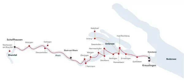 Karte zeigt eine Schifffahrtsroute von Konstanz über den Untersee und Rhein bis zum Rheinfall bei Schaffhausen.