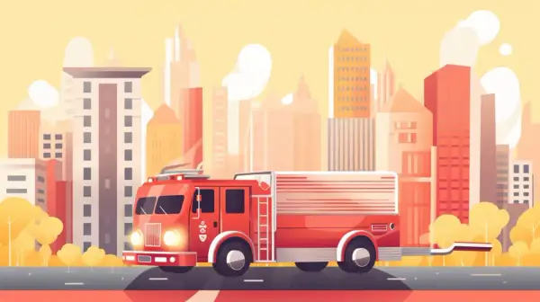 Rotes Feuerwehrauto fährt durch eine stilisierte Stadt. Eine spannende bewegungsgeschichte feuerwehr für Kinder.