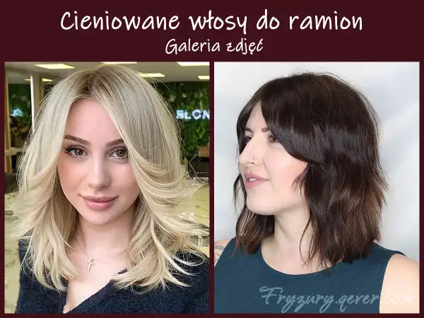 Dwie kobiety prezentują modne fryzury: blond włosy do ramion cieniowane i ciemne, falowane włosy do ramion cieniowane.