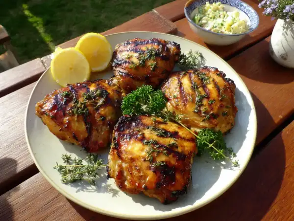 Grillad, saftig marinera kyckling med örter och citronklyftor på en tallrik. Perfekt sommarmat!