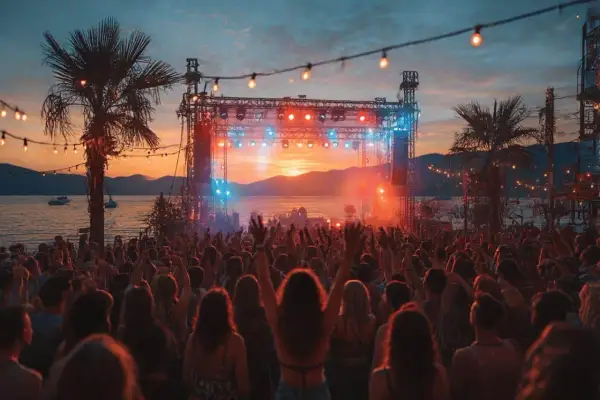Foule en délire devant une scène illuminée au coucher du soleil, ambiance de festival en Croatie. Palmiers et guirlandes lumineuses ajoutent à la magie.