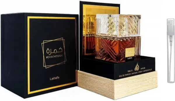 Eleganckie opakowanie i flakonik perfum Lattafa Khamrah. Złote zdobienia i ciemna kolorystyka podkreślają luksusowy charakter.