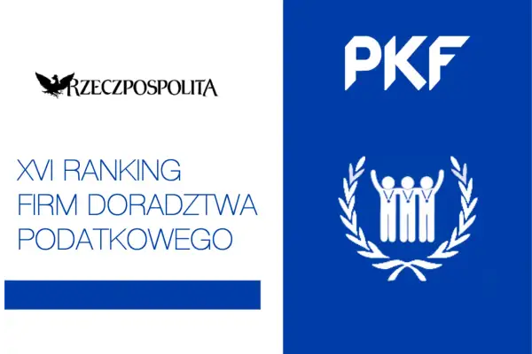 Logo Rzeczpospolitej, tekst "XVI RANKING FIRM DORADZTWA PODATKOWEGO" i logo PKF z wieńcem laurowym.