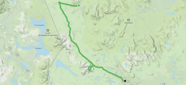 Karta över en vandringsled mellan Blåhammaren och Storulvån, genom Sylene landskapsvernområde.