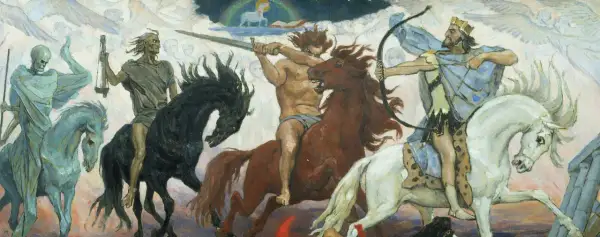 Czterej jeźdźcy Apokalipsy św. Jana: Śmierć, Wojna, Głód i Zwycięstwo. Streszczenie wizji końca świata.