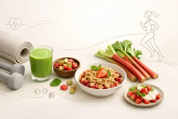 Zdrowe śniadanie z rabarbarem: smoothie, musli i deser z jogurtem. Idealne na początek dnia pełnego energii.