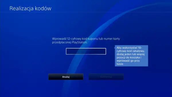 Ekran PlayStation z polem do wprowadzania kodu rabatowego i przyciskami "Anuluj" i "Kontynuuj".