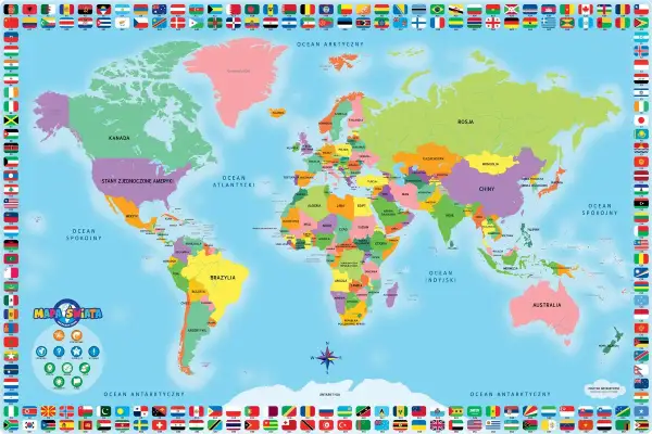 Kolorowa mapa świata z nazwami krajów i oceanów. Po bokach flagi państw. To mapa interaktywna Dumel, idealna do nauki geografii.