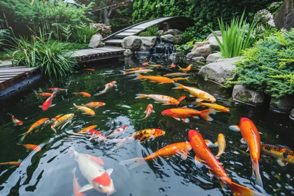 Un magnifique bassin à poissons koi, avec des ponts en bois et une cascade. L'eau est claire, reflétant les couleurs vives des poissons.