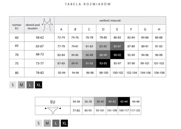 Tabela rozmiarów biustonoszy: obwód pod biustem i wielkość miseczki (A-H). Rozmiary EU od 60 do 80. Rozmiary S-XL.