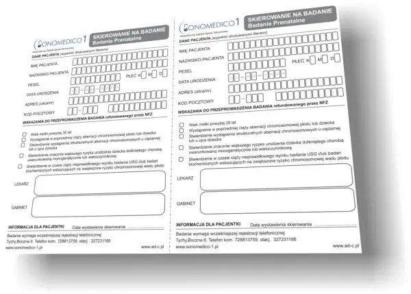 Dwa formularze skierowania na badanie prenatalne, z polami do wypełnienia danych pacjenta i wskazaniami do badań.