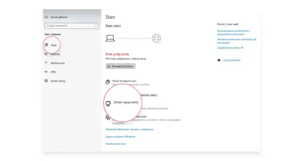 Ekran ustawień sieciowych Windows. Kliknij "Stan", aby sprawdzić połączenie, a następnie "Zmień opcje karty", aby dowiedzieć się, jak zresetować kartę sieciową.
