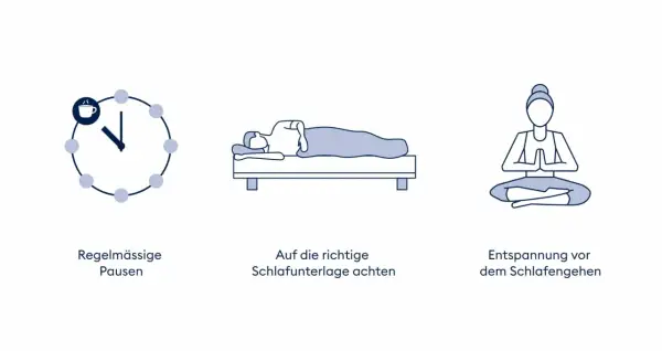 Regelmäßige Pausen, guter Schlaf und Entspannung vor dem Zubettgehen helfen, Stress zu reduzieren.