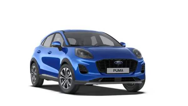 Blå Ford Puma hybrid framifrån, redo för äventyr.