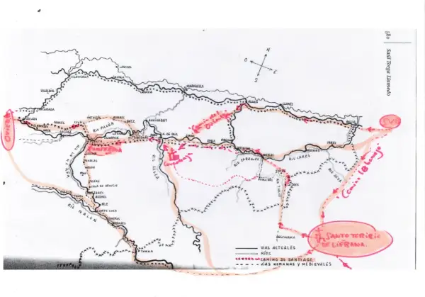 Mapa del Camino de Santiago en Asturias, destacando rutas y lugares como el **puente de Covadonga**.