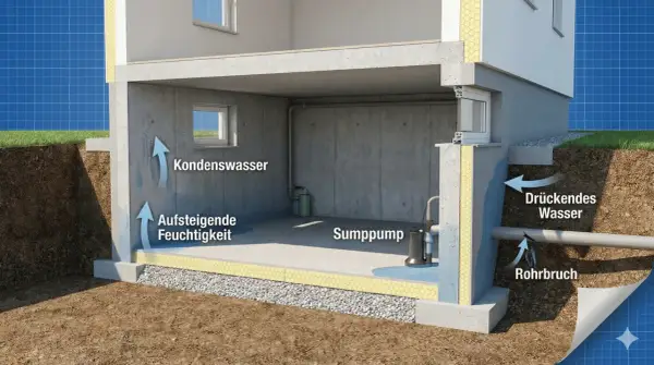Schnitt durch ein Haus mit feuchtem Bruchsteinkeller. Kondenswasser, aufsteigende Feuchtigkeit und drückendes Wasser durch Rohrbrüche belasten den Keller. Eine Sumpfpumpe ist im Einsatz.