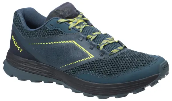 Chaussure de trail running Evadict marque, bleu marine avec lacets et détails jaune vif, prête pour l'aventure.