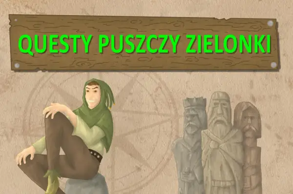 Wesoły błazen zaprasza na "Questypuszczy zielonki". Obok niego stoją kamienne posągi.