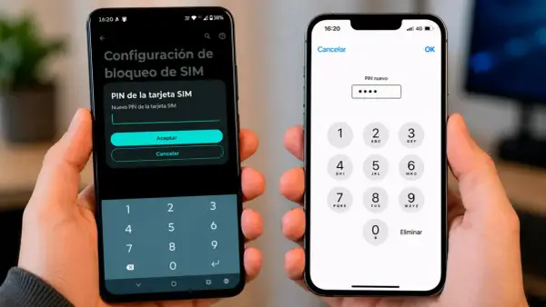 Dos manos sostienen teléfonos. Uno muestra cómo cambiar el PIN de la tarjeta SIM. El otro, un iPhone, pide un PIN nuevo.